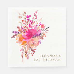 Elegant Chic Pink Floral Bat Mitzvah Custom Napkin