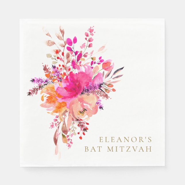 Elegant Chic Pink Floral Bat Mitzvah Custom Napkin (Front)