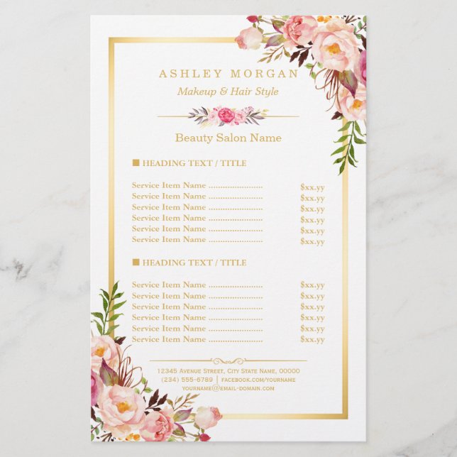 Elegant Chic Pink Floral Beauty Salon Menu (Front)