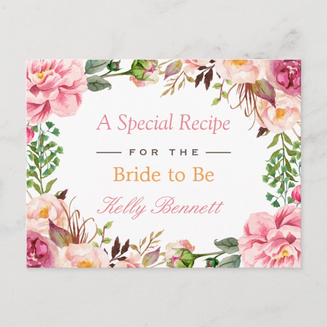 Elegant Chic Pink Floral Bridal Shower Recipe Postcard (Front)