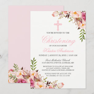 Elegant Chic Pink Floral Christening Baptism Invitation