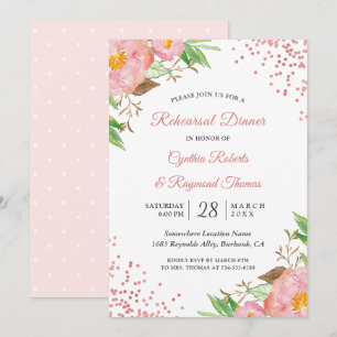 Elegant Chic Pink Floral Confetti Rehearsal Dinner Invitation