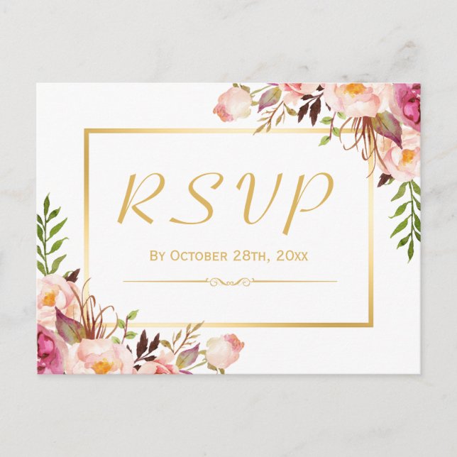 Elegant Chic Pink Floral Gold Frame Wedding RSVP Invitation Postcard (Front)