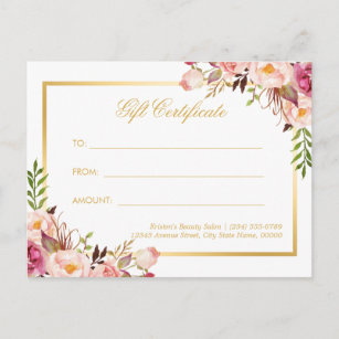 Elegant Chic Pink Floral Gold Gift Certificate Postcard
