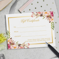 Elegant Chic Pink Floral Gold Gift Certificate