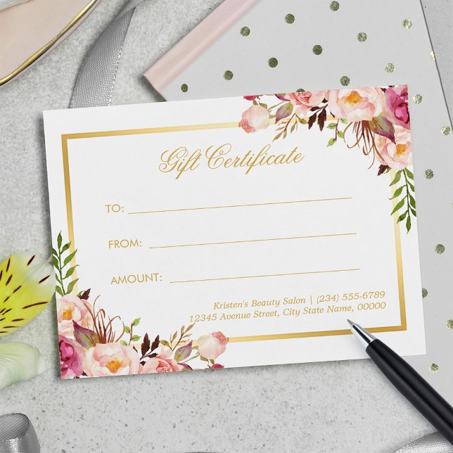 Elegant Chic Pink Floral Gold Gift Certificate Postcard (Creator Uploaded)