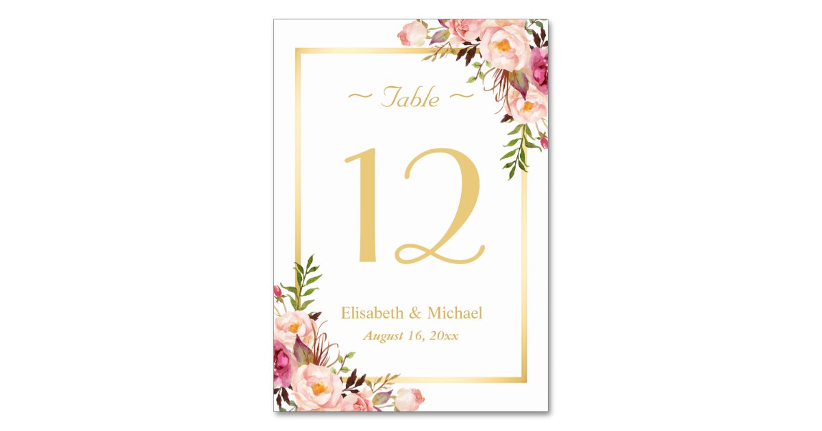 Elegant Chic Pink Floral Gold Wedding Table Number ...