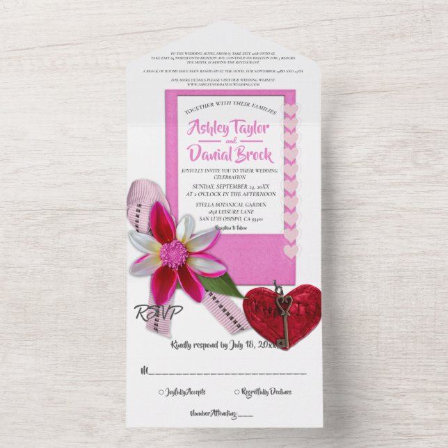 Elegant Chic Pink Flourish Romantic Modern Wedding All In One Invitation (Inside)