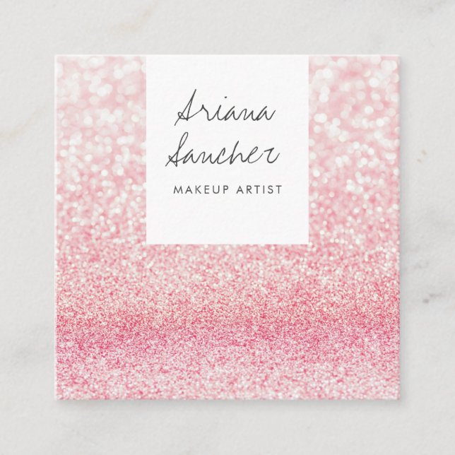 Elegant chic pink glitter glam makeup artist white square business card (Front)