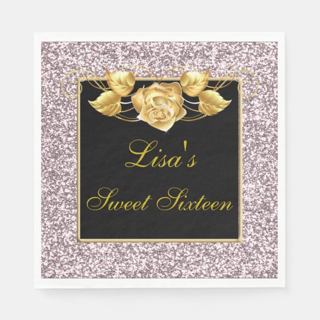 Elegant Chic Pink Glitter Gold Rose Sweet 16 Napkin (Front)