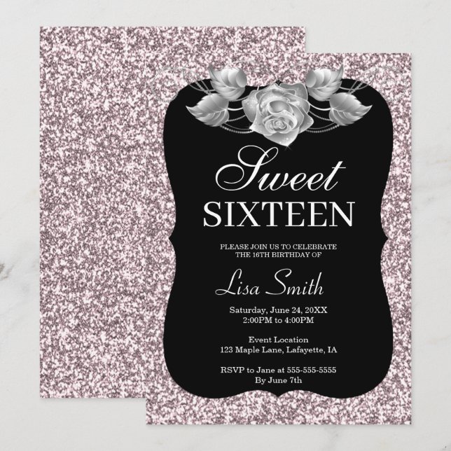 Elegant Chic Pink Glitter Silver Rose Sweet 16 Invitation (Front/Back)
