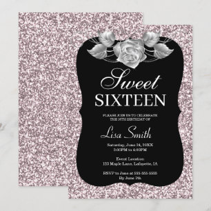 Elegant Chic Pink Glitter Silver Rose Sweet 16 Invitation