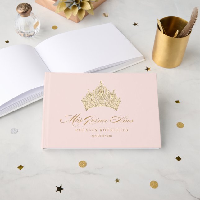 Elegant Chic Pink Gold Quinceanera  Guest Book (Front Open)
