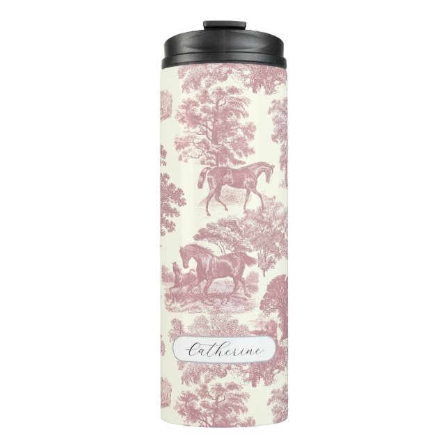 Elegant Chic Pink Horses Toile with Name Thermal Tumbler (Front)