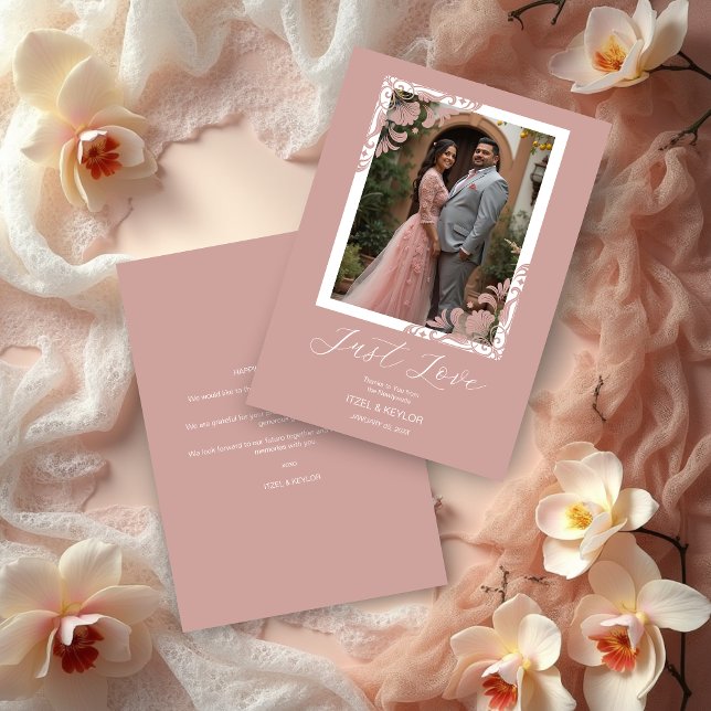 Elegant Chic Pink Ornate Corner Photo Wedding Thank You Card (Elegant Chic Pink Ornate Corner Photo Wedding Thank You Cards.)