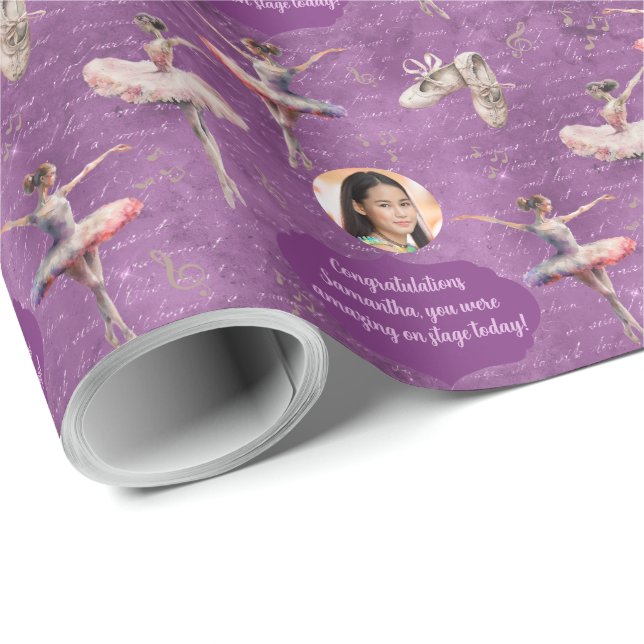 Elegant Chic Pink Purple Name Text Photo Ballerina Wrapping Paper (Roll Corner)