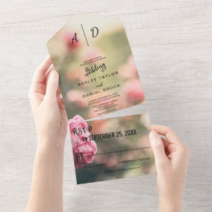 Elegant chic pink rose blossom floral Wedding All In One Invitation