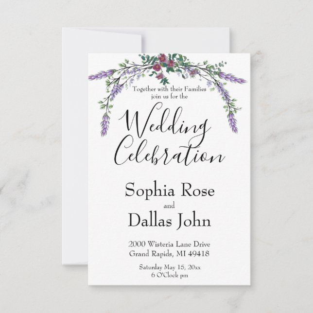 Elegant chic pink rose Lavender Eucalyptus Wedding Invitation (Front)
