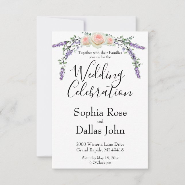 Elegant chic pink rose Lavender Eucalyptus Wedding Invitation (Front)