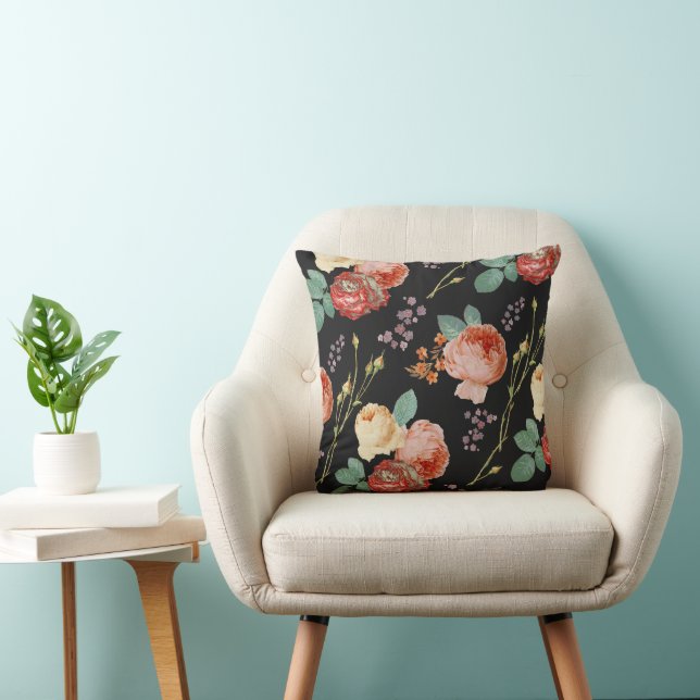 Elegant Chic Pink Roses Floral on Black  Cushion (Chair)