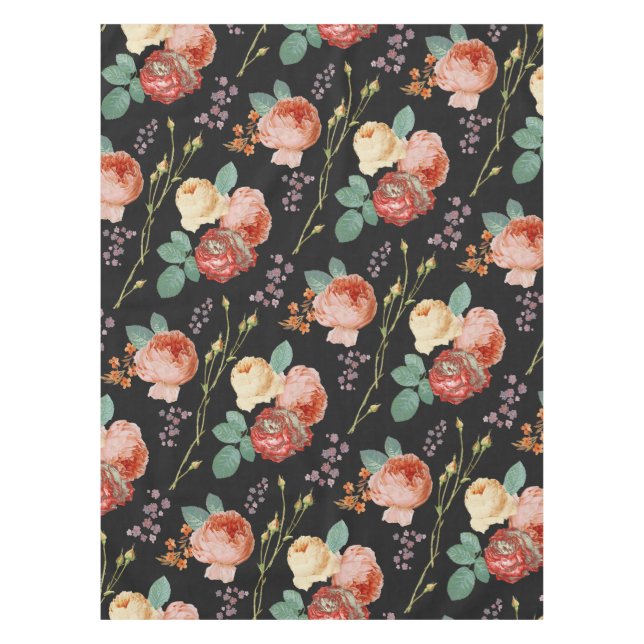 Elegant Chic Pink Roses Floral on Black Tablecloth (Front)