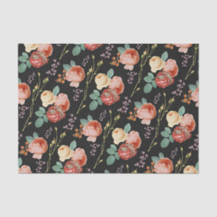 Elegant Chic Pink Roses Floral on Black Tissue Paper