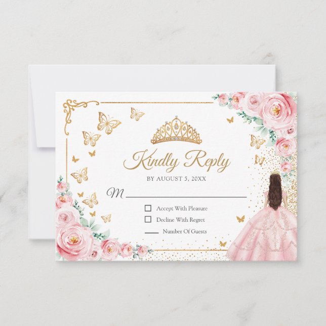 Elegant Chic Pink Roses Gold Quinceanera Reply RSVP Card (Front)