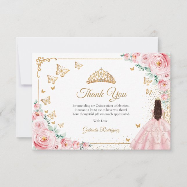 Elegant Chic Pink Roses Gold Quinceanera Thank You Card (Front)