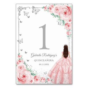 Elegant Chic Pink Roses Silver Quinceanera Table Number