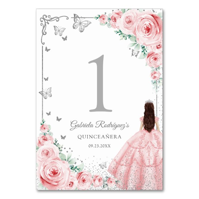 Elegant Chic Pink Roses Silver Quinceanera Table Number (Front)
