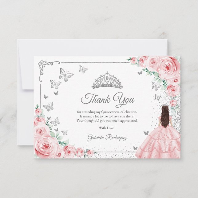 Elegant Chic Pink Roses Silver Quinceanera Thank You Card (Front)