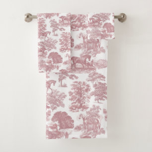 Elegant Chic Pink Rustic Horses Toile Bath Towel Set