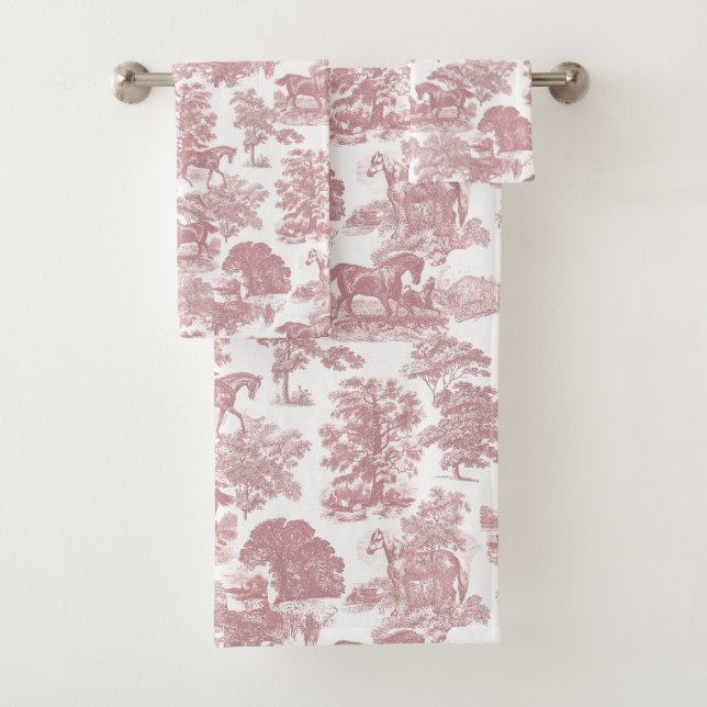 Elegant Chic Pink Rustic Horses Toile Bath Towel Set (Insitu)