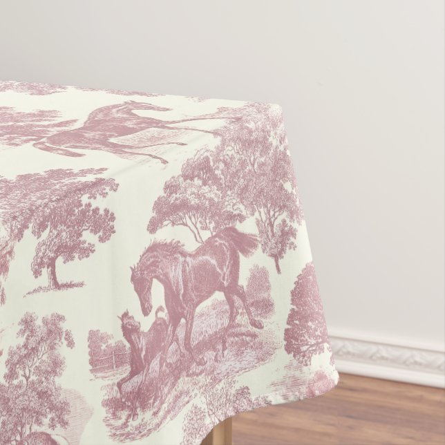 Elegant Chic Pink Rustic Horses Toile Tablecloth (In Situ)
