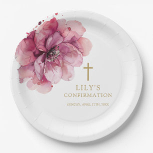 Elegant Chic Pink Watercolor Floral Confirmation Paper Plate