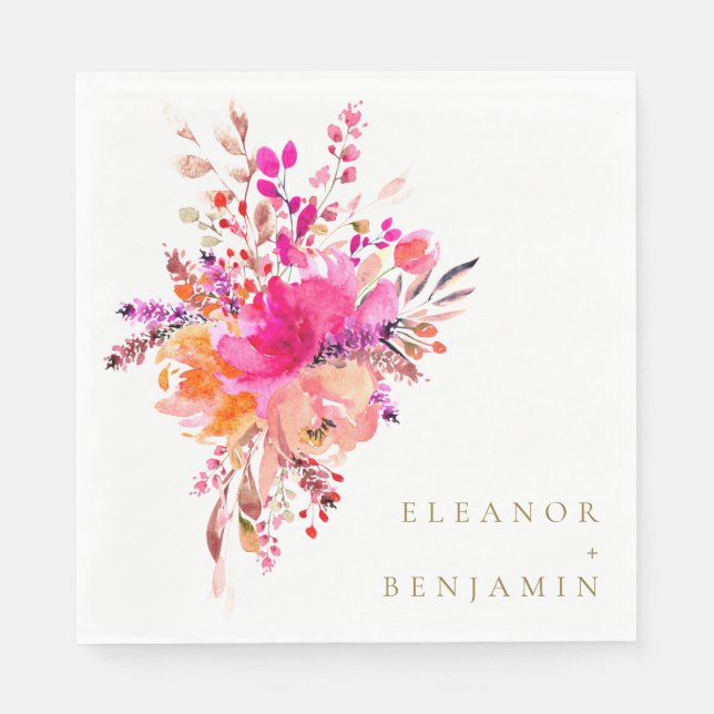 Elegant Chic Pink Watercolor Floral Wedding Custom Napkin (Front)