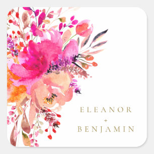 Elegant Chic Pink Watercolor Floral Wedding Custom Square Sticker