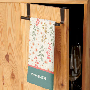 Elegant Chic Pretty Floral Pattern Custom Name  Tea Towel