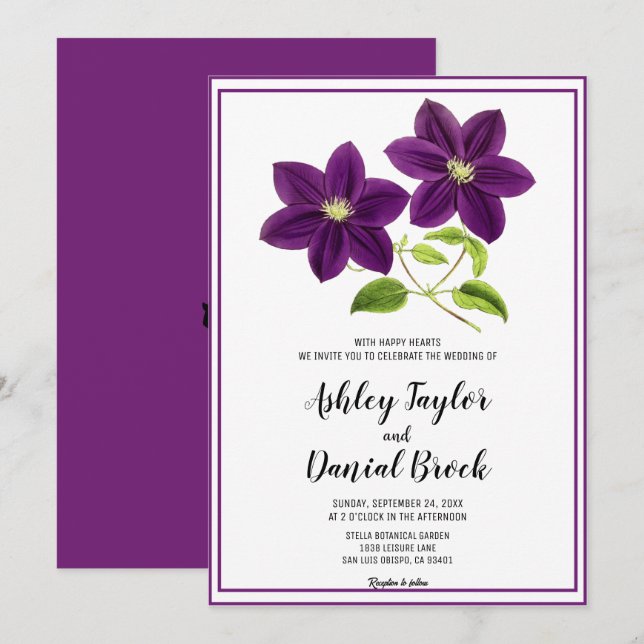 Elegant Chic Purple Flowers Rustic Floral Wedding Invitation (Front/Back)