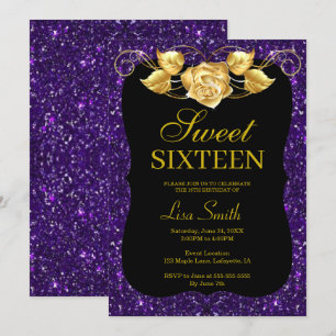 Elegant Chic Purple Glitter Gold Rose Sweet 16 Invitation