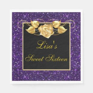 Elegant Chic Purple Glitter Gold Rose Sweet 16 Napkin