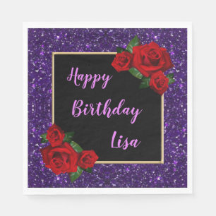 Elegant Chic Purple Glitter Red Roses Birthday Napkin