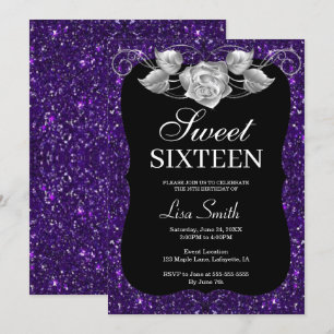 Elegant Chic Purple Glitter Silver Rose Sweet 16 Invitation