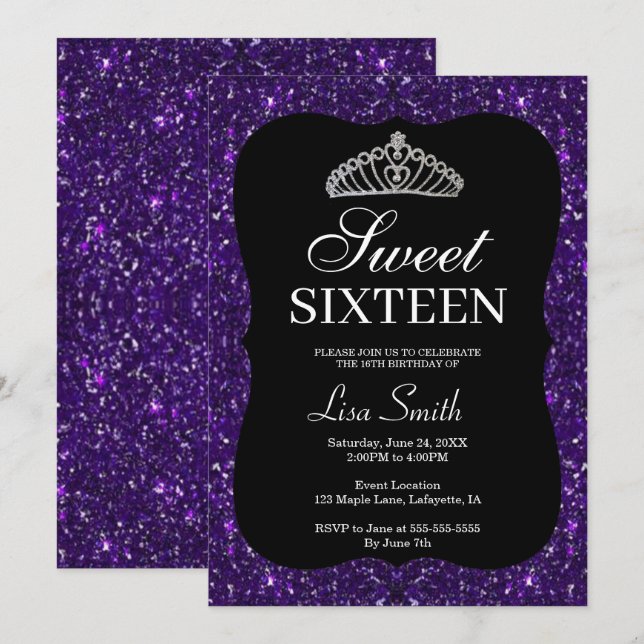 Elegant Chic Purple Glitter Tiara Sweet 16 Invitation (Front/Back)
