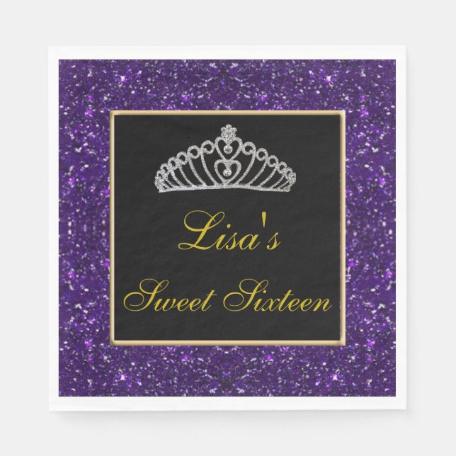 Elegant Chic Purple Glitter Tiara Sweet 16 Napkin (Front)