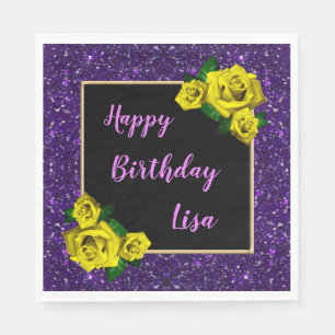 Elegant Chic Purple Glitter Yellow Roses Birthday Napkin