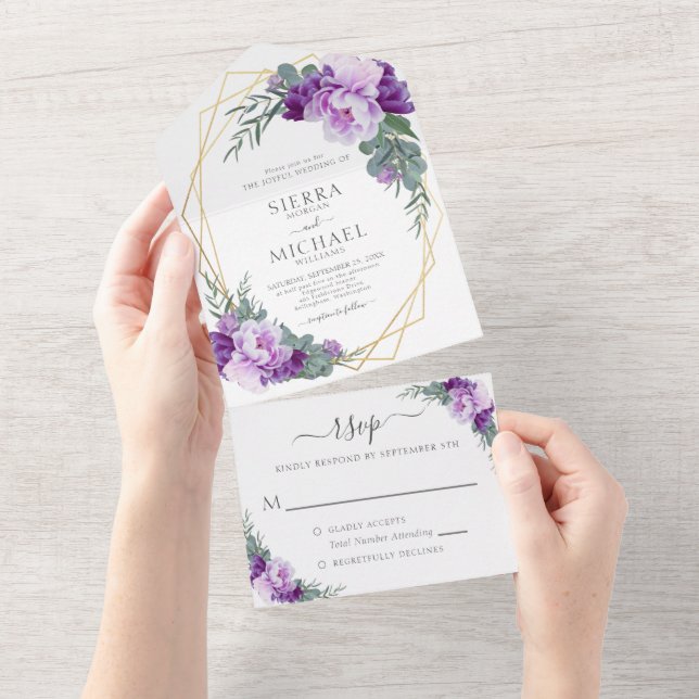 Elegant Chic Purple & Gold Floral Wedding All In One Invitation (Tearaway)