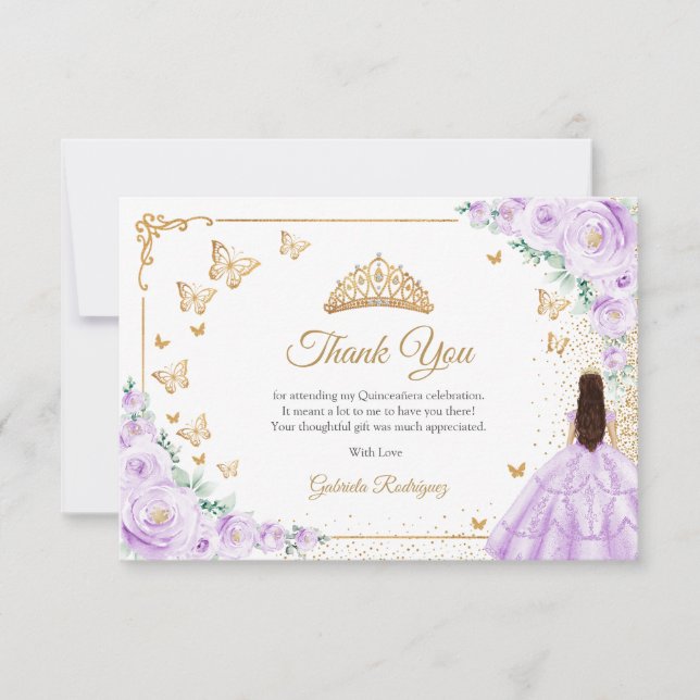 Elegant Chic Purple Lilac Roses Gold Quinceanera Thank You Card (Front)
