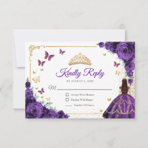 Elegant Chic Purple Roses Gold Quinceanera Reply RSVP Card