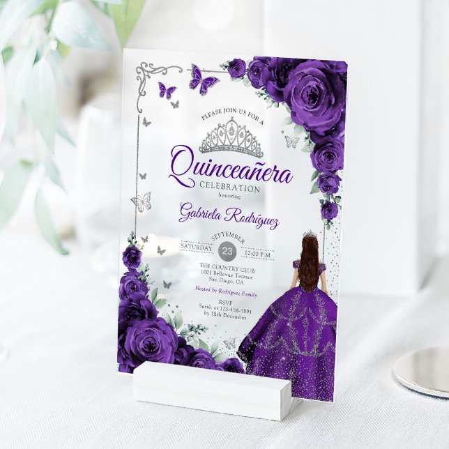Elegant Chic Purple Roses Silver Quinceanera  Acrylic Invitations (Creator Uploaded)
